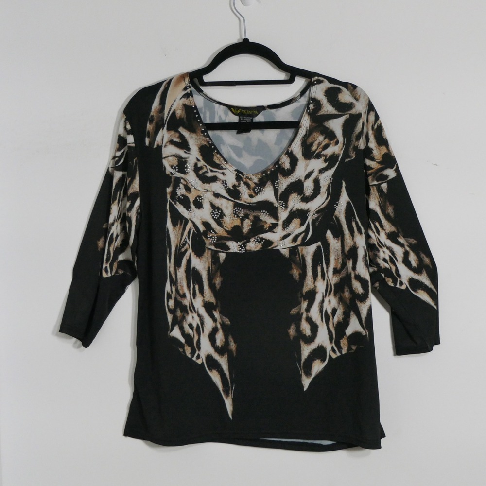 Valentina Women Leopard Print Blouse L Black Brown Rhinestone Glam Mob Wife Bold